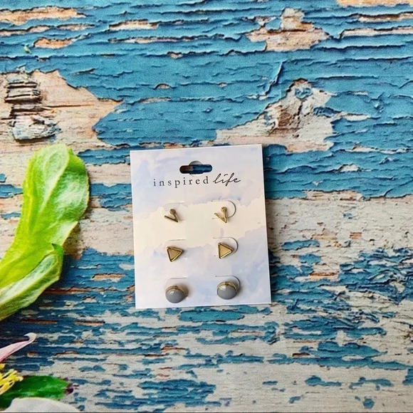 Inspired Life 3 Piece Set Geometric Stud Earrings Brand New - Picture 4 of 5